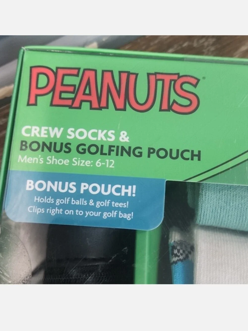 NIB Peanuts Crew Socks & Golfing Pouch Bag Blue Clear Black White